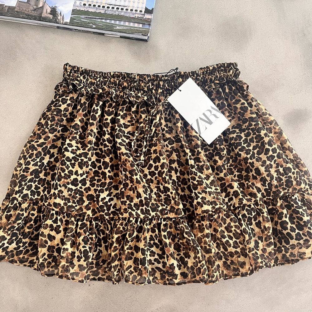 Zara Leopard Animal Print Ruffle Mini Skirt Women S NWT Drawstring - Picture 4 of 7